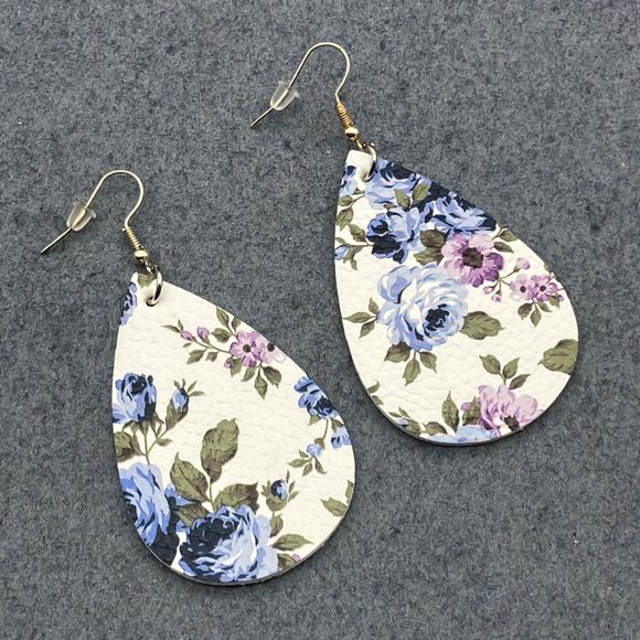 Dangle Pierced Earrings Teardrop Vinyl Floral Blue Purple Green White Soft Girl - Picture 4 of 6